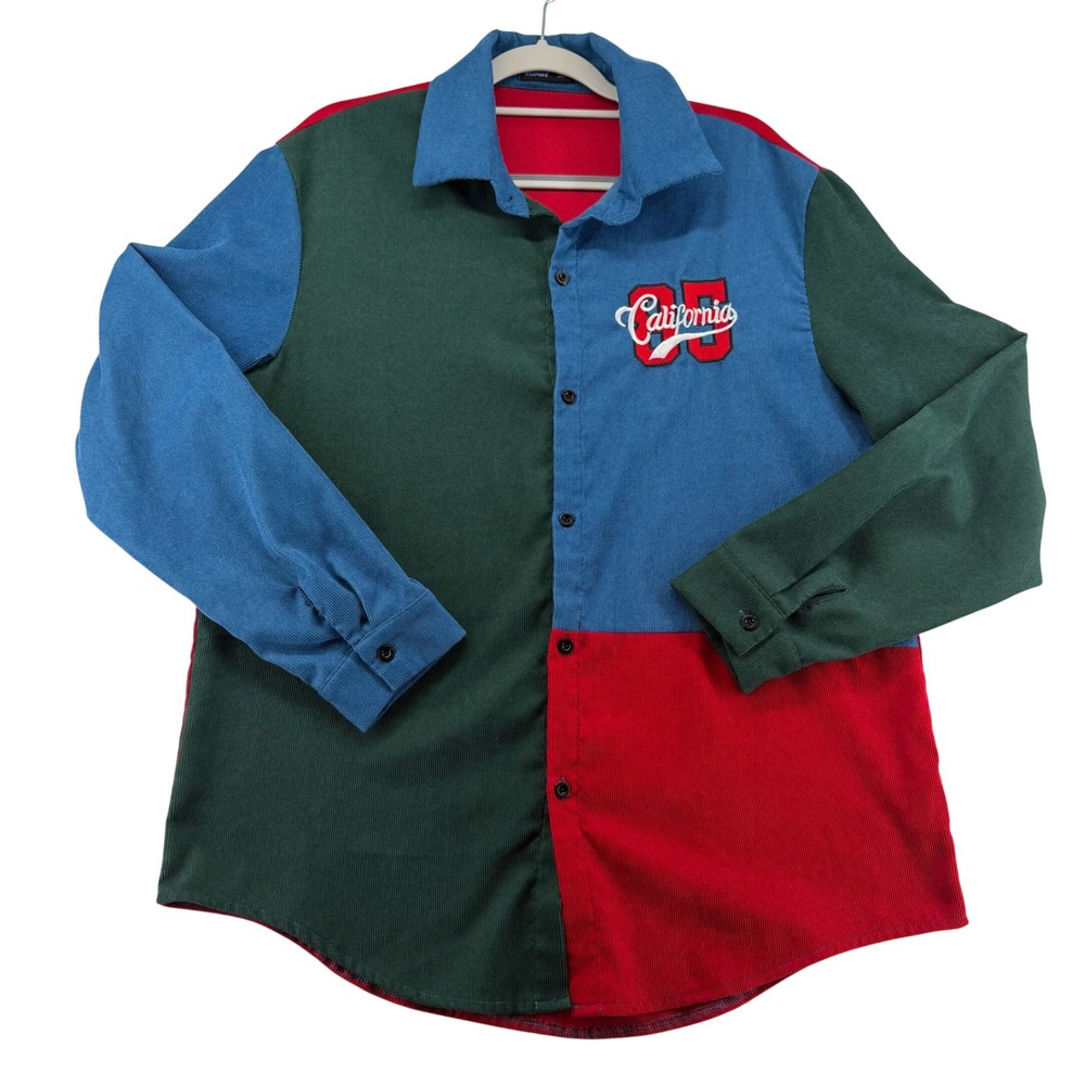 Romwe Colorblock Corduroy Button Down Mens Large Multicolor California Patch